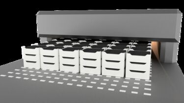 A representation of saggars containing precursor material travelling through a tunnel kiln as part of cathode active material production